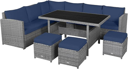 Tangkula 7 Pieces Patio Furniture Set, Outdoor Sectional Rattan Dining Sofa Set with Cushions, All Weather Wicker Conversation Couch Set with Dining Table & Ottomans for Yard Garden Poolside, Navy