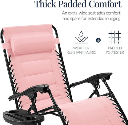 Best Choice Products Oversized Padded Zero Gravity Chair, Folding Outdoor Patio Recliner, XL Anti Gravity Lounger for Backyard w/Headrest, Cup Holder, Side Tray, Polyester Mesh - Bubblegum Pink
