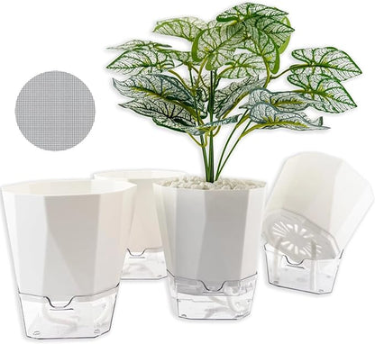 4 Packs Self Watering Plant Pots, Plastic Flower Pots with Drainage Hole and Saucer, Self Watering Planters for Indoor Outdoor Garden Plants, African Violet, Herbs (White, 5")