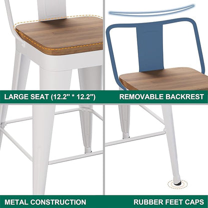 WENTMENT Bar Stools Set of 4 Counter Height Bar Stools Metal Barstools with Removable Back 26" Kitchen Bar Stools with Wooden Seat, Off White