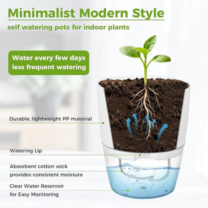 Planterhoma 12 Pack Self Watering Pots for Indoor Plants, 3.2 Inch Plant Pot Plastic Self Watering Planter for Orchid, African Violet, Clear Flower Pots with Drainage Holes and Wicking Rope, White