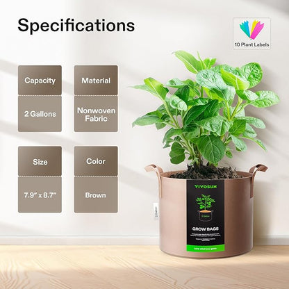 VIVOSUN 5-Pack 2 Gallons Grow Bags Heavy Duty Thickened Nonwoven Fabric Pots with Strap Handles Tan