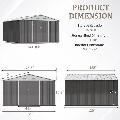 Greesum 10×10FT Outdoor Storage Shed, Metal Patio Storaged Sheds with Lockable Doors, Sheds & Outdoor Storage for Bike, Backyard, Pool and Garden, Gray