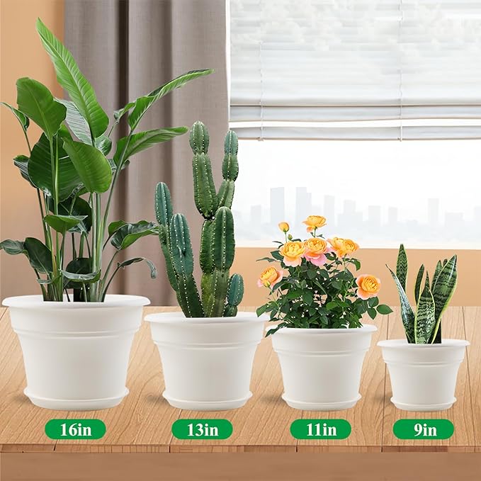 11 Inch Plastic-Flower-Pot-for-Indoor-Plants, 4 Pack Large Outdoor Planter Pot with Drainage Holes & Saucers, Resin Decorative Garden Pots Planters