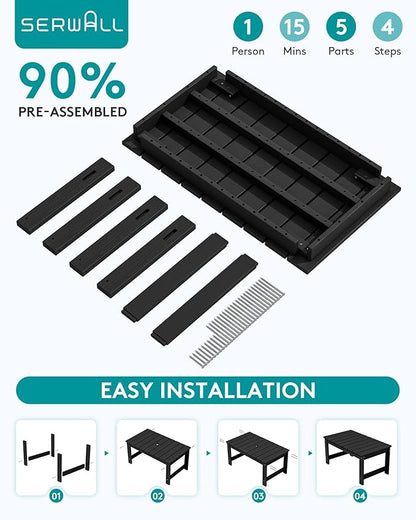 SERWALL Outdoor Coffee Table with 9FT Umbrella, HDPE Patio Coffee Table for Outside, Rectangle, Black(Not Include Umbrella Base)