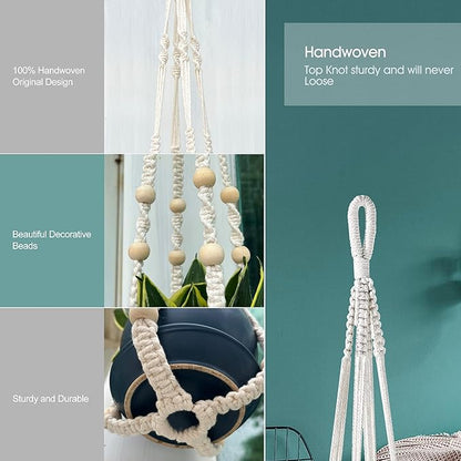 RIFNY Macrame Plant Hanger for 5 to 10 Inch Plant Pots, 35 Inch Indoor Handmade Woven Rope Hanger Kits with Hooks and Wood Beads, Hanging Planter Basket Holder for Boho Home Decor (White, 3 Pack)