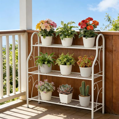 SORCEDAS Plant Stand Indoor Outdoor Plant Shelf 3 Tier Metal Corner Flower Stand Multiple Holder for Patio Garden Balcony Living Room, White