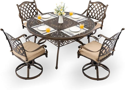 5-Piece Cast Aluminum Patio Furniture, Patio Dining Set for 4 Include 54" Round Outdoor Dining Table and 4 Swivel Chairs with Cushions & Umbrella Hole (Bronze)