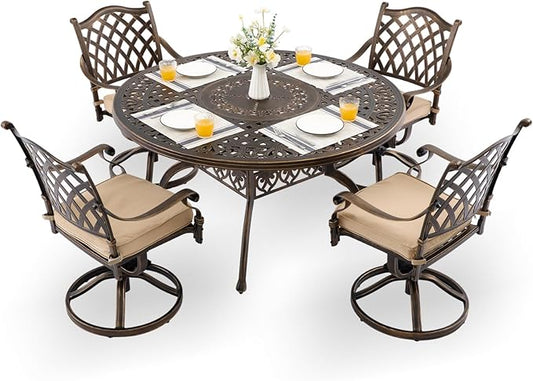 5-Piece Cast Aluminum Patio Furniture, Patio Dining Set for 4 Include 54" Round Outdoor Dining Table and 4 Swivel Chairs with Cushions & Umbrella Hole (Bronze)
