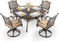 5-Piece Cast Aluminum Patio Furniture, Patio Dining Set for 4 Include 54" Round Outdoor Dining Table and 4 Swivel Chairs with Cushions & Umbrella Hole (Bronze)