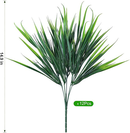 12Pcs Artificial Plants Outdoor Fake Plastic Grass Spring Decoration UV Resistant Faux Greenery Stems Bushes Outside Fake Plants for Planters Patio Porch Window Box Pathway Garden Home Decor, Green