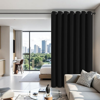 Joydeco Blackout Patio Sliding Door Curtains 108 Inches Long, Grommet Privacy Room Divider Curtains, Extra Wide Thermal Blackout Drapes for Bedroom Living Room (Black, 100Wx108L, 1 Panel)