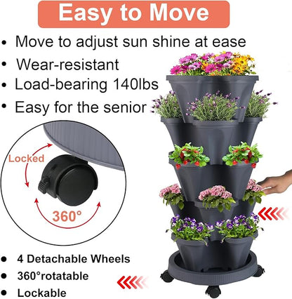 GameXcel Vertical Planter 5 Tier Stackable Planters Garden Planters Strawberry Herb Flower and Vegetable Planter Indoor Outdoor Gardening Pots with Removable Wheels and Tools - Dark Gray