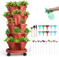 GameXcel Vertical Planter, 5 Tier Stackable Strawberry Planter with Garden Tool Set, Movable Indoor/Outdoor Garden Herb Pot for Growing Vegetables and Succulents, Red