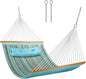 12 FT Double Quilted Fabric Hammock with Spreader Bars and Pillow 450 LBS Weight Capacity 2 Person Hammock for Outdoor Patio Backyard Poolside Blue Stripes