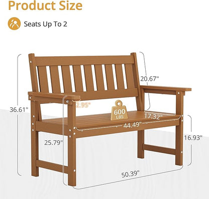 LUE BONA Outdoor Bench, 2-Person HDPS Garden Bench, Outdoor Benches Weatherproof, All-Weather Fade/Rot Resistant Patio Bench for Park, Front Porch, Backyard (Brown-Oil Printed)