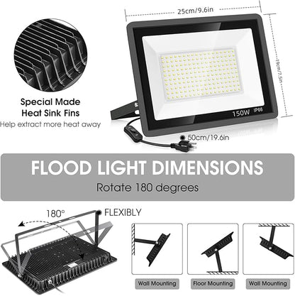 3 Pack 150W LED Flood Light Outdoor,Super Bright Exterior Security Light with Plug,IP66 Waterproof Flood Light, 15500LM 5000K Daylight White Floodlight for Yard, Garden,Basketball Court, Arena