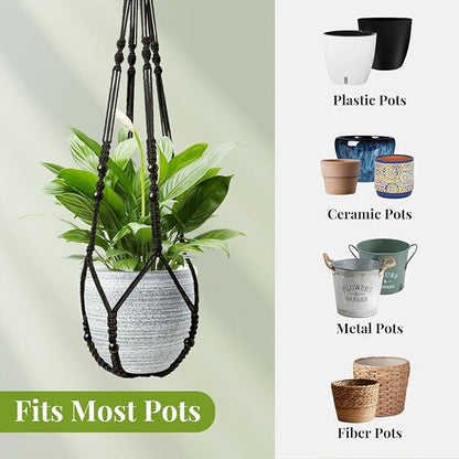 Macrame Plant Hanger Indoor Set of 2 with 4 Hooks, Indoor Outdoor Hanging Planter for Plants Holder with Decorative Wood Beads & No Tassels, Boho Home Decor, 35 Inch Black (Pots Not Included)