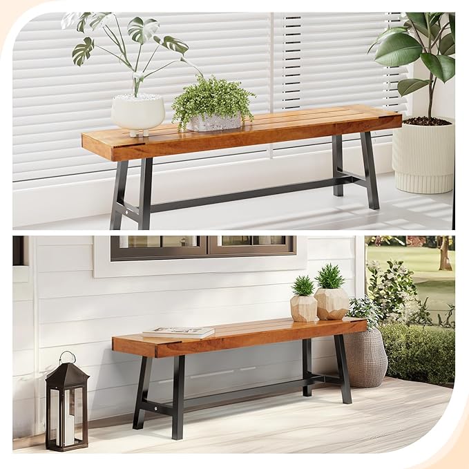 VINGLI Outdoor Bench with Metal Legs Rustic, Wood Dining Bench Indoor Outdoor Porch Benches for Yard Garden Dining (63in)
