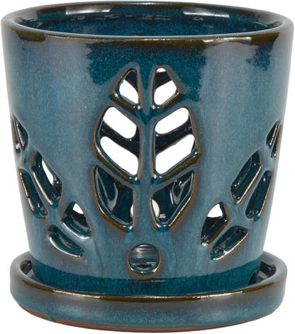 W&W Orchid Pot with Holes and Saucer for Repotting, Teal, 5.5 Inch