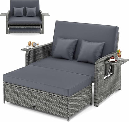 LDAILY Moccha Outdoor Daybed, Wicker Loveseat Sofa Set with 4-Postion Adjustable Backrest, Storage Ottoman, Cushions, Rattan Double Bed Lounger, Patio Furniture Set (Mixed Gray+Gray)