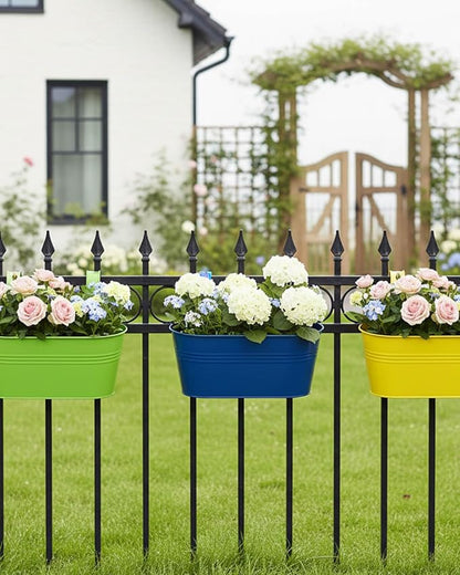 Metal Railing Planter for Outdoor Plants - 3 Pack Balcony Hanging Planter Box with Detachable Hooks and Drain Holes Oval Hanging Pots Fence Planters for Railing Garden Fence, Green Yellow Blue