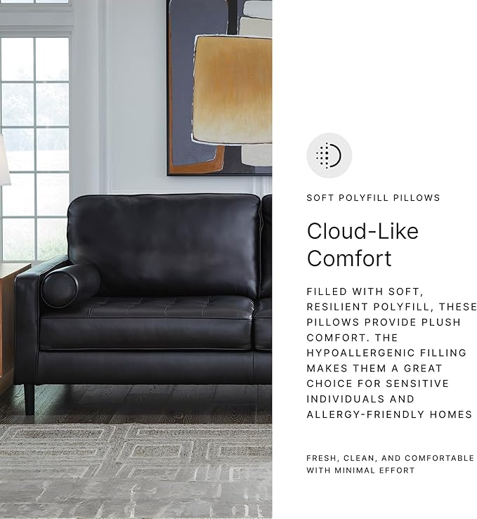 Signature Design by Ashley Bryceview Contemporary Leather Match Tufted Sofa with 2 Bolster Pillows, Black