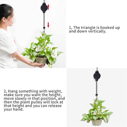 6pcs Plant Pulley Retractable Hanger Easy Reach Plant Pulley Adjustable Height Wheel for Hanging Plants Heavy Duty Plant Hanger for Garden Baskets Pots- Black