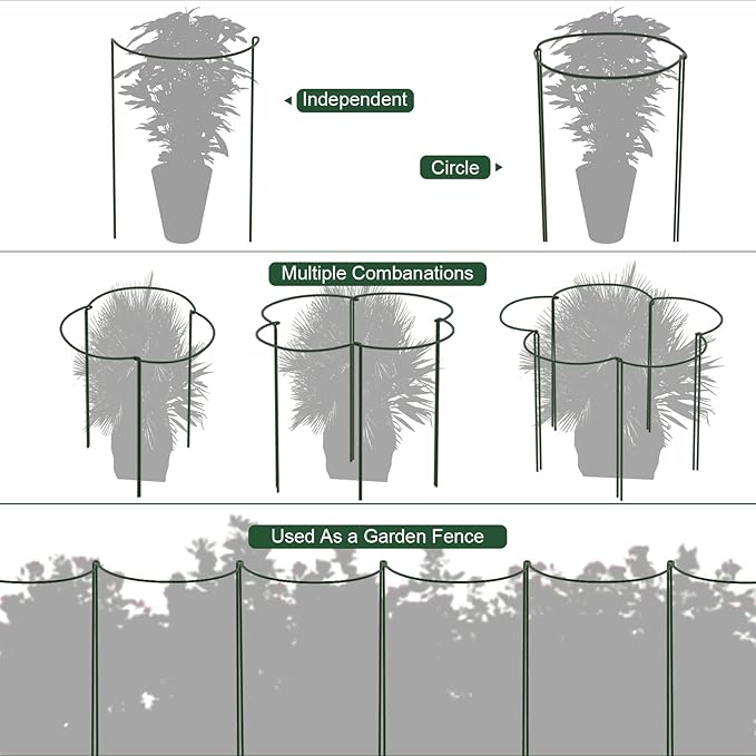 FEED GARDEN 6 Pack Plant Support Stakes, Peony Cages and Supports, Metal Garden Plant Stake(10" Wide x 16" High) Green Half Round Plant Support Rings for Outdoor Indoor Plants, Tomato, Hydrangea