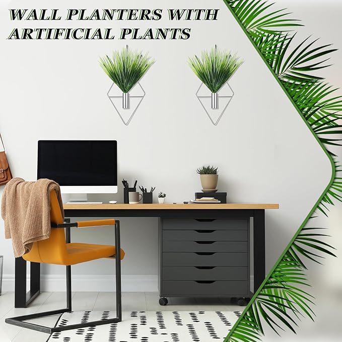 2 Pieces Wall Decor Hanging Planters with Artificial Plants Metal Hanging Vase Indoor Plants Holder Modern Boho Wall Art for Bathroom Bedroom Living Room Decor(Silver,Aquatic Plant)