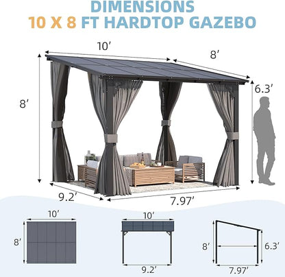 AECOJOY 10' X 8' Gazebo for Patio, Small Wall-Mounted Lean to Gazebo Pergola with Curtains and Netting, 8x10 Hard Top Pergolas and Gazebos on Clearance for Lawn Backyard Garden Deck