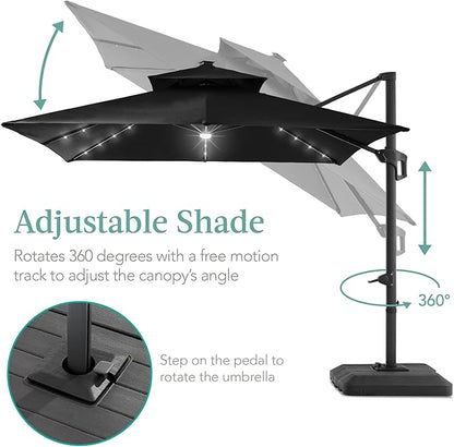 Best Choice Products 10x10ft Cantilever Patio Umbrella w/Base Included, Solar LED Lights 360 Rotation Large Offset Hanging Outdoor Shade for Deck Pool Backyard w/Stand – Black