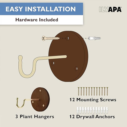 Ilyapa 3 Pack Metal Wall Plant Hangers - 5 Inch Plant Hanger for Indoor - Rustic Brass Finish Hooks for Hanging Plants, Baskets, and Macrame - Indoor Hangers for Plants, Lanterns or Wind Chimes