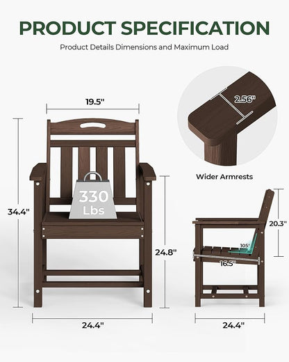 Set of 2 Weatherproof Patio Chairs - HDPE Outdoor Dining Chairs with Wide Seat, Ergonomic Design - for Garden, Backyard, Deck - Brown