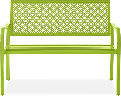 Best Choice Products Outdoor Bench 2-Person Metal Steel Benches Furniture for Garden, Patio, Porch, Entryway w/Geometric Backrest, 790lb Capacity - Lime Green