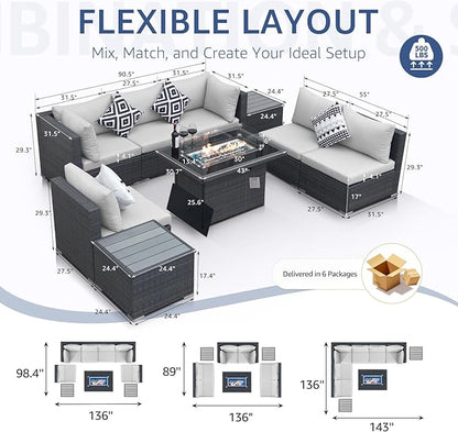 NICESOUL 9 Piece Patio Set with Firepits Natural Gas/Propane, 29.3'' High Back Comfortable L Shape Outdoor Conversations, XL Large Size Deep Seated Wicker Sectional Sofa Furniture Set, Gray