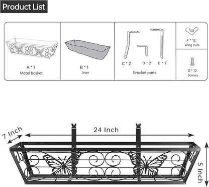 4 Pack 24 Inch Window Boxes Planters Railing Planter Box with Adjustable Brackets for Porch Fence Patio Balcony Hanging Flower Baskets with Woven Fabric for Outdoor Garden Decor - Black