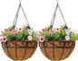 Outdoor Metal Hanging Planters Basket (2pack, 14 inch) Hanging Baskets for Plants Chain Round Wire Plant Holder with Coco Fiber Liners for Garden, Patio, Deck, Porch(Flower Border)