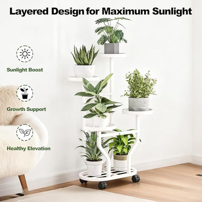 Plant Stand Indoor Outdoor 4 Tier Flower Holder with Wheels Metal Plant Shelf Corner Display Rack Multi Plants Sheleves for Living Room Garden Patio White