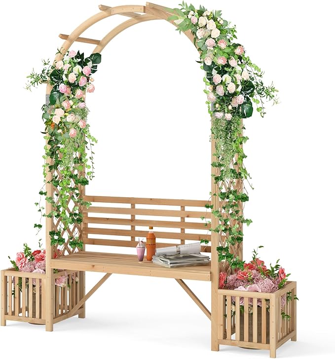 Giantex Outdoor Bench with Garden Arch & Planters, Wooden Pergola Archway, Outdoor Trellis for Climbing Plants, Patio Decorative Arbor Arch for Backyard Lawn (Arched,Natural,73"x22"x80")