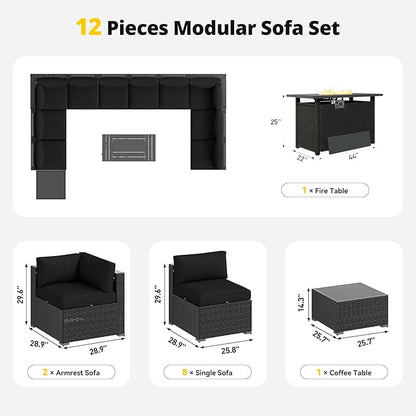 Aoxun Patio Furniture Set with Fire Pit Table, 12 Piece Outdoor Sectional Sofas, 10 Seats Wicker Rattan Outdoor Furniture with Thickened Cushion for Backyard, Garden Black