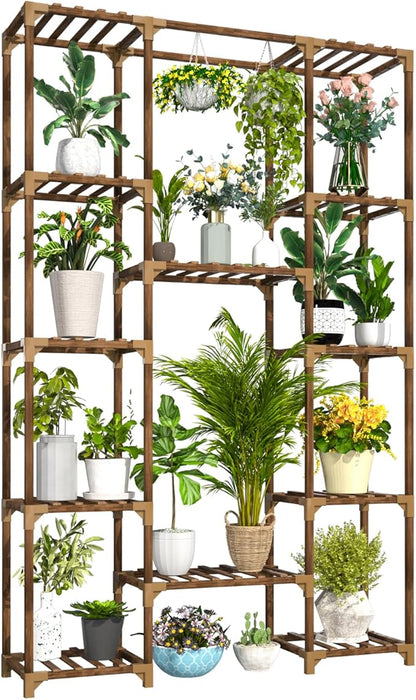 Uneedem Tall Indoor Outdoor Plant Stand - Large 12 Tier Plant Rack with Wooden Shelves for Room, Balcony, Garden, Patio