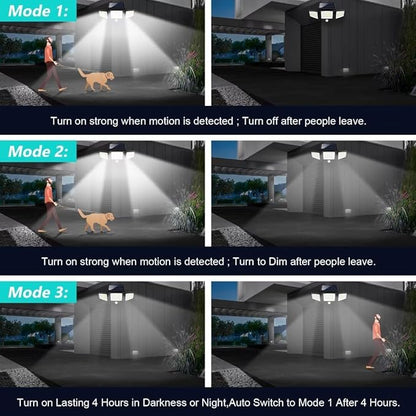 Tuffenough Solar Outdoor Lights 2500LM 210 LED Security Lights with Remote Control,3 Heads Motion Sensor Lights, IP65 Waterproof,270° Wide Angle Flood Wall Lights with 3 Modes(4 Pack)