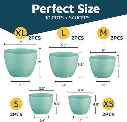Planter Pots with Drainage Holes - Lightweight, Durable, and Space-Saving Pots for Indoor and Outdoor - Versatile Functionality, Simple Modern Design, Set of 10 Plastic Planter Pots - Aqua
