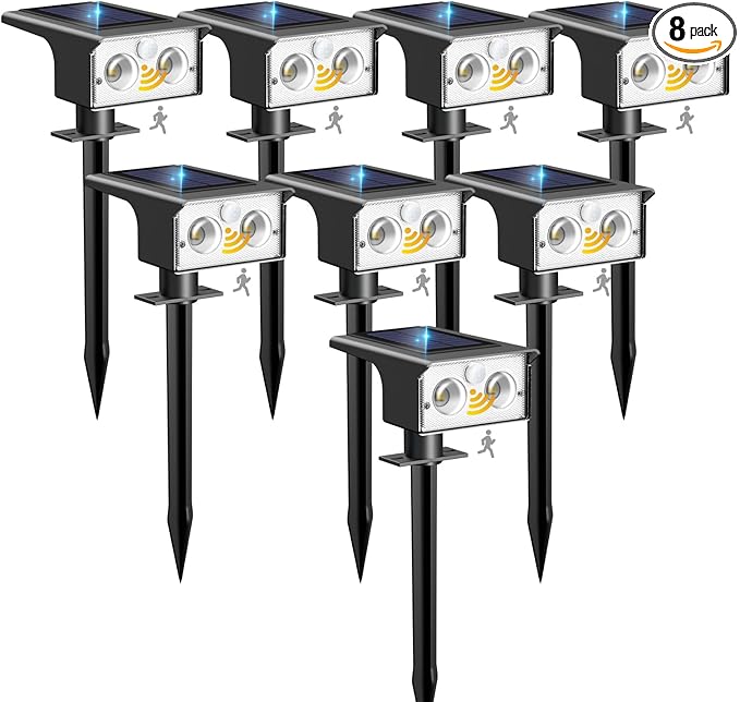 btfarm Solar Spot Lights Outdoor Waterproof, 8 Pack/3 Modes Motion Sensor Lights, Solar Powered Spotlights 2-in-1 Auto On/Off for Outside Pathway Yard Garden Landscape Lighting, Cool White