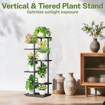 iDavosic.ly Plant Stand with Grow Light Indoor Outdoor, 5-Tier Tall Metal Flower Shelf for Heavy-Duty Large Planters, Corner Orchid Display Rack for Living Room Balcony Patio Porch, Modern Black