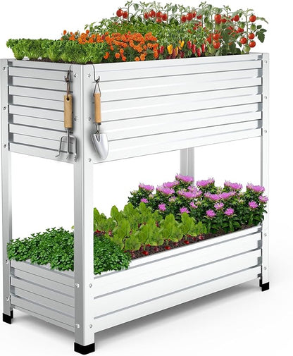 2-Tier Galvanized Raised Garden Bed with Legs, 36"x16"x36" Metal Elevated Planter Box (12" Top/8" Bottom Depth), 500LB Capacity for Vegetables, Herbs, Leafy Greens, Flowers on Patio Yard
