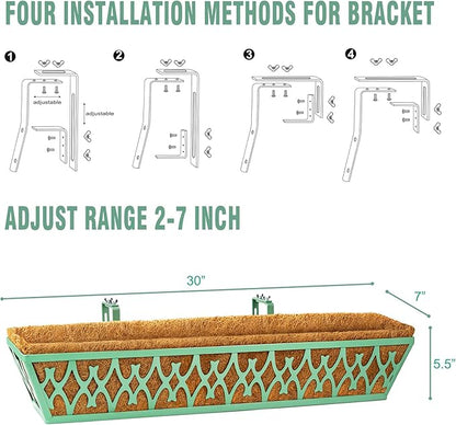 2 Pack 30 Inch Window Boxes Planters Railing Planter Box with Adjustable Brackets for Porch Fence Patio Balcony Hanging Flower Baskets with Coco Liners for Outdoor Garden Decor - Green