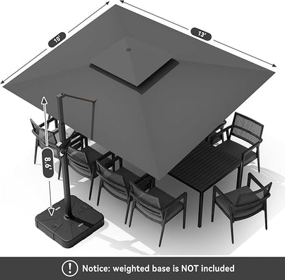 10 X 13 FT Cantilever Outdoor Patio Umbrella with Base Included Large Heavy Duty 360° Rotation Double Top Offset Rectangular Umbrellas with Led Lights for Backyard Outside Deck,Grey
