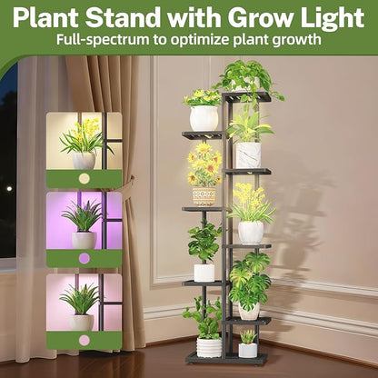 iDavosic.ly Plant Stand Indoor with Grow Light, 7-Tier Tall Metal Flower Shelf for Heavy-Duty Large Planters, Corner Orchid Display Rack for Living Room Balcony Patio Porch, Modern Black